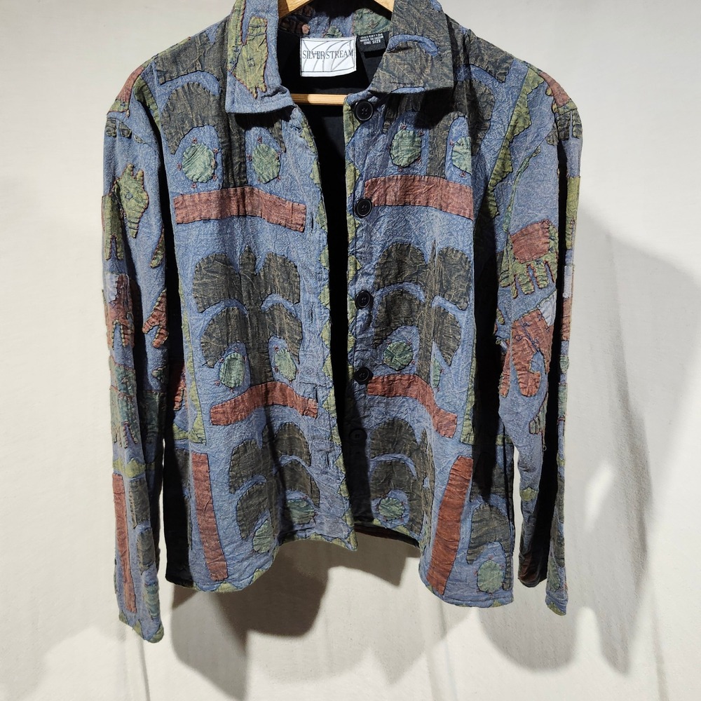 Silverstream Women‎ Blue Cotton Elephant Patchwork Art to Wear Jacket One Size